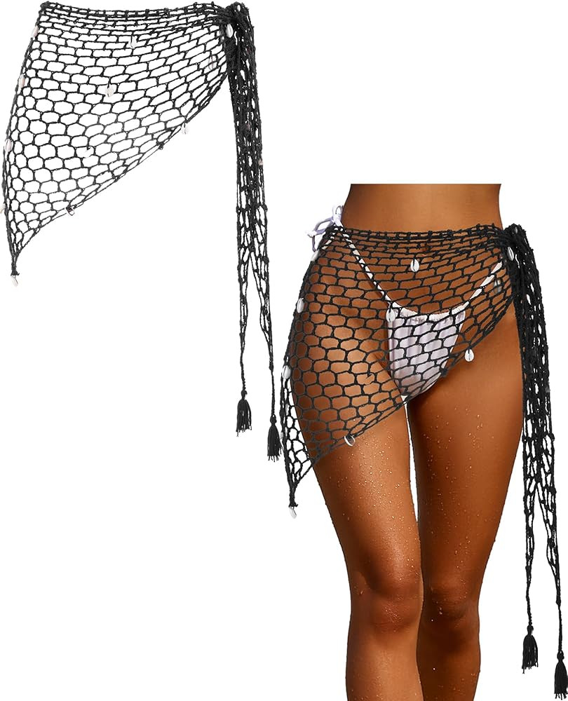 Halloween Mermaid Skirt Cosplay Women Fishnet Crochet Cover-ups Skirt Swimwear Shell Beach Wrap H... | Amazon (US)