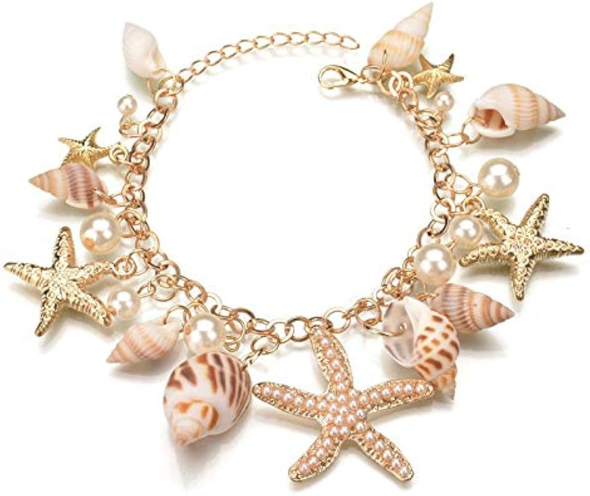 COLORFUL BLING Sea Shell Starfish Bracelets Pearl Charm Bracelets Beach Jewelry for Women | Amazon (US)