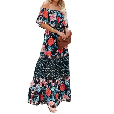 Sexy Dance Women Summer Beach Dress Floral Maxi Dress Off Shoulder Ruffle Dress Peony M | Walmart (US)
