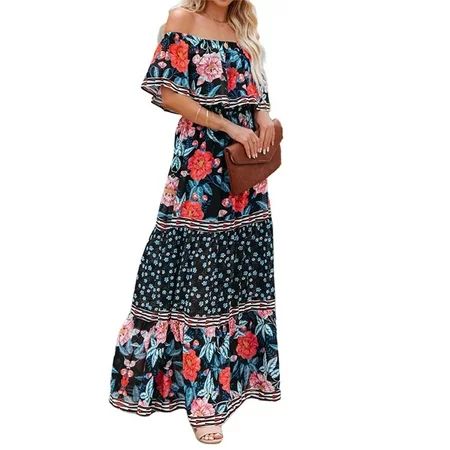 Sexy Dance Women Summer Beach Dress Floral Maxi Dress Off Shoulder Ruffle Dress Peony M | Walmart (US)