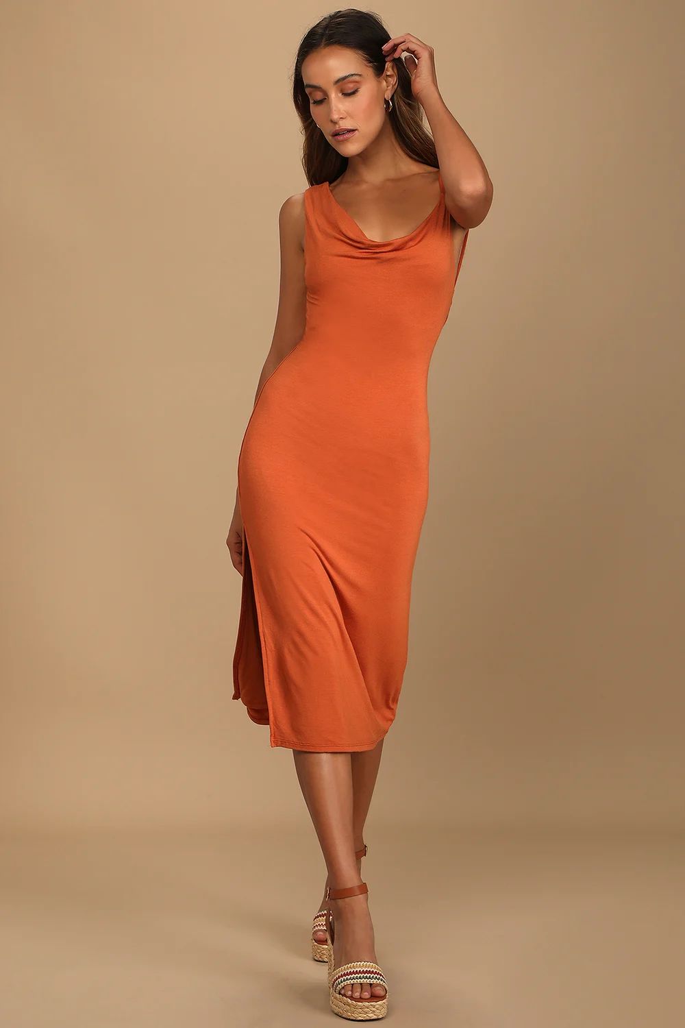 My Best Side Rust Orange Asymmetrical Cowl Neck Midi Dress | Lulus (US)