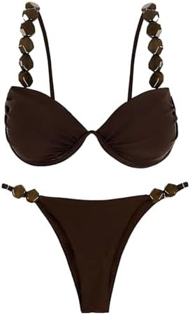 SHENHE Women's Push Up Swimsuits 2 Piece Underwire Top Thong Bikini Set Beaded Swimwear | Amazon (US)