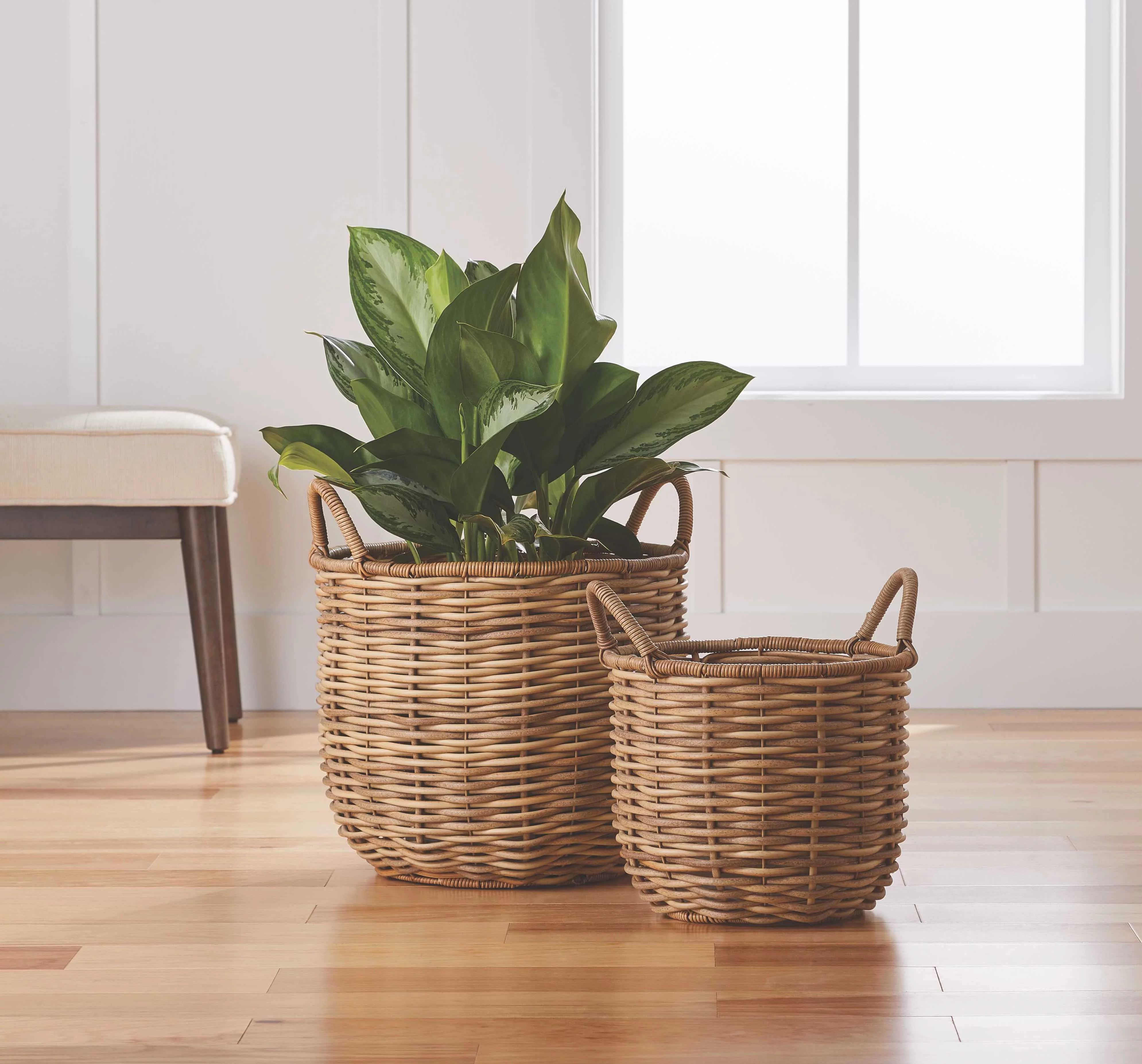 Better Homes & Gardens 12" & 15" Round Beige Resin Rattan Basket Planter, Set of 2 | Walmart (US)
