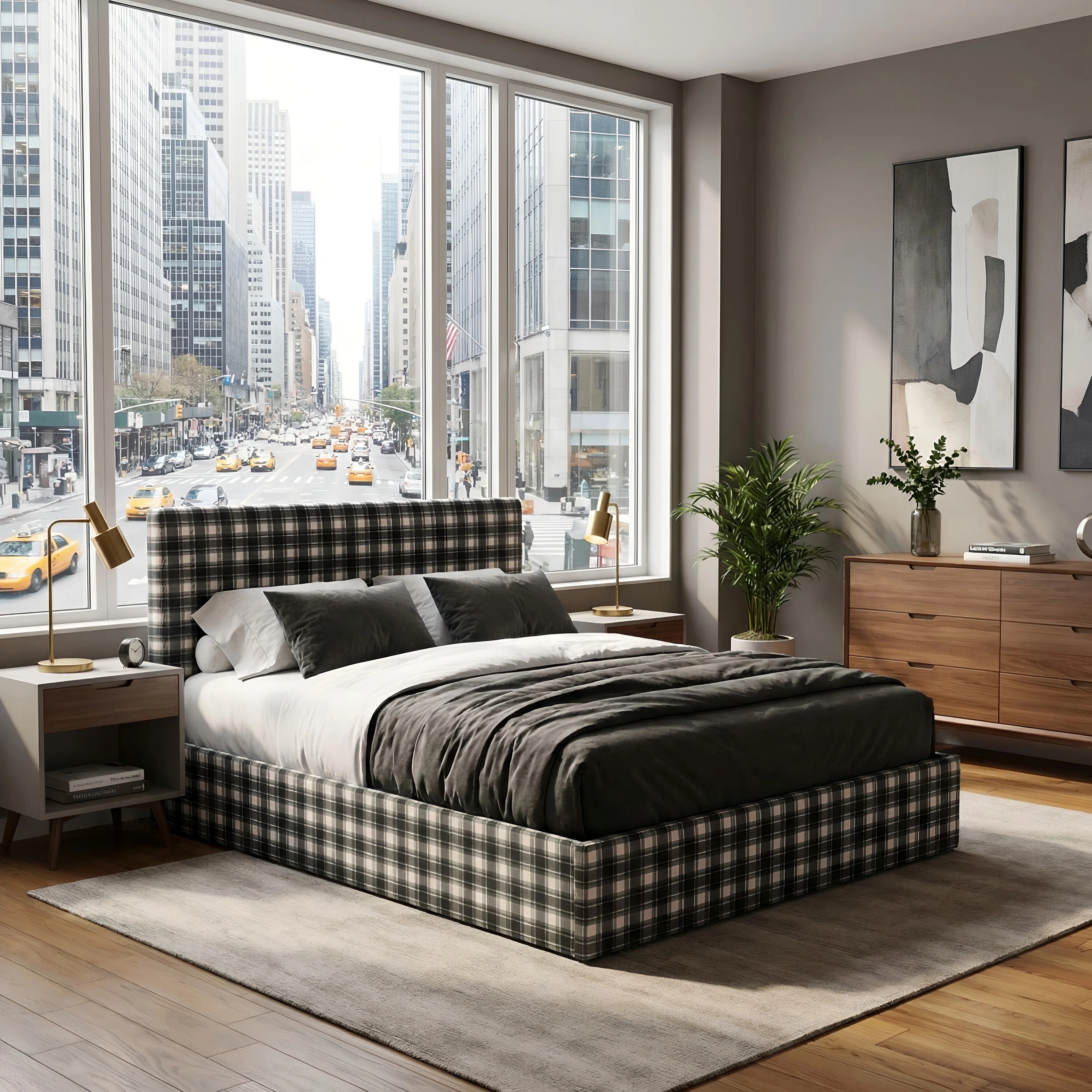 Full Size Modern Farmhouse Lift Up Storage Bed, White/Blue Plaid Upholstered Headboard, No Box Sp... | Wayfair North America