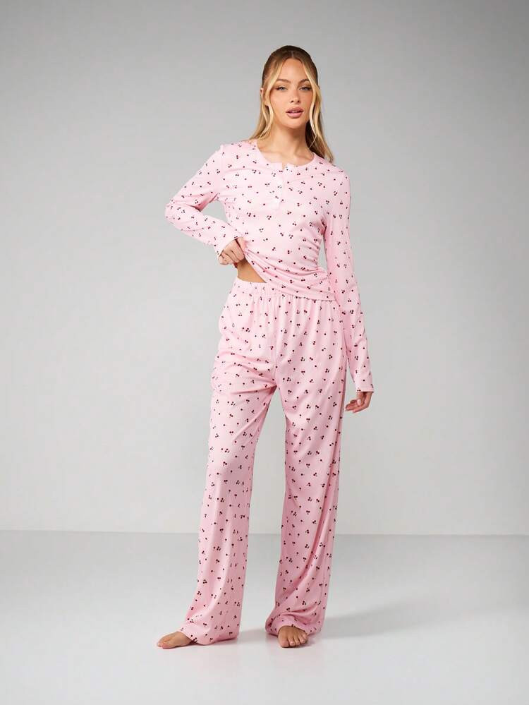 MISSGUIDED Lounge Set Cherry Pattern Long Sleeve Top Drawstring Pants Comfortable Pajama Set Sleepwear Cozy Loungewear Winter | SHEIN