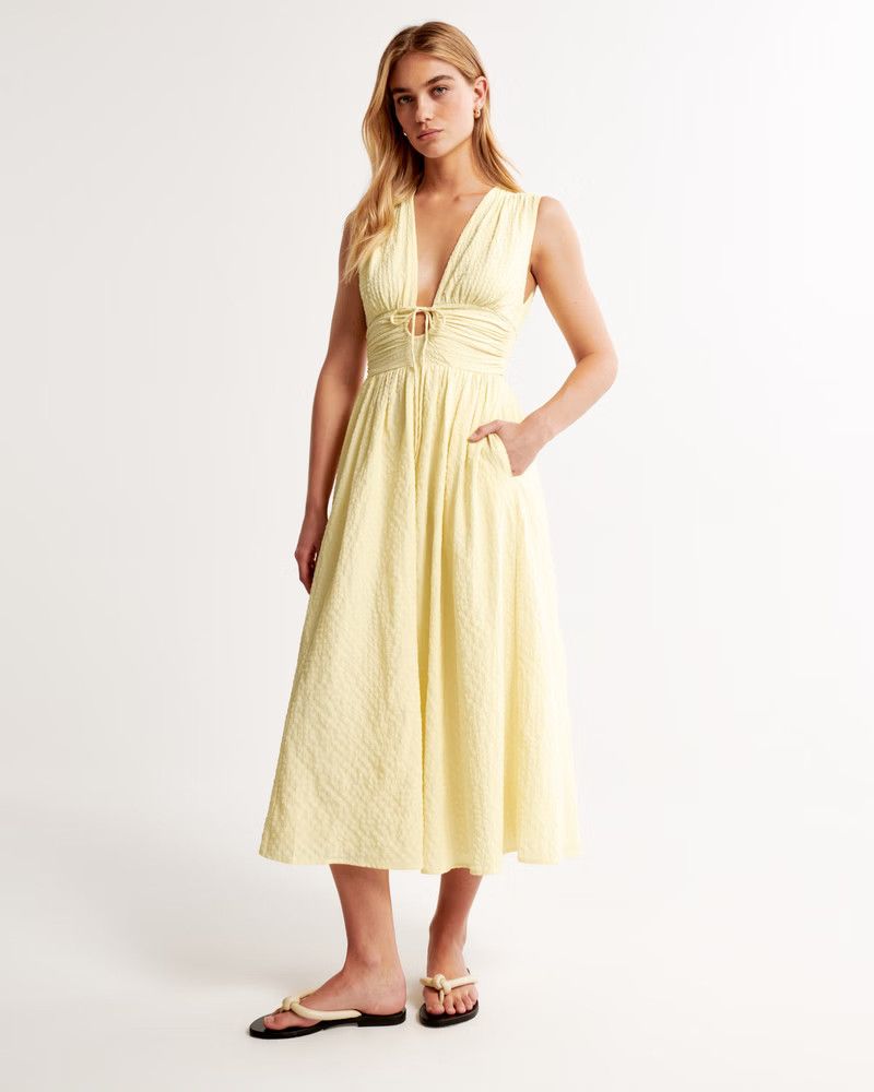 Seersucker Ruched Midi Dress | Yellow Dress Dresses | Wedding Guest Dress Summer |  | Abercrombie & Fitch (US)