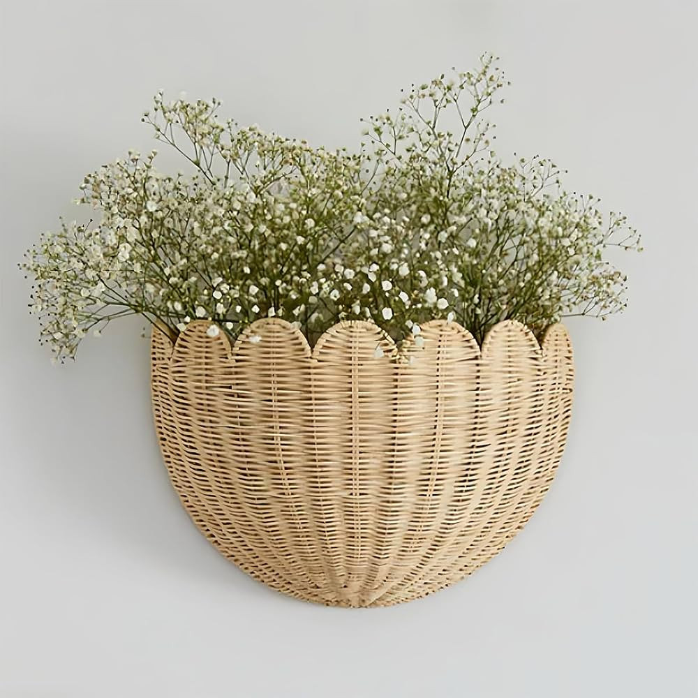 Scalloped Hanging Wicker Baskets for Wall, Scalloped Home Decor, Hanging Woven Rattan Wall Basket... | Amazon (US)