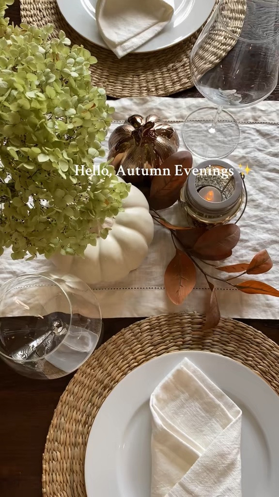 Fall tablescape decor for hosting fall dinner parties or Thanksgiving dinner. The perfect table combo of a runner or tablecloth, soft lights and seasonal accents. Easy additions are classic pumpkins or dried hydrangeas or faux hydrangeas #tabledecor #dinnerware #falldecor #tablestyling #thanksgivingtable

#LTKSeasonal #LTKfoodie #LTKHome