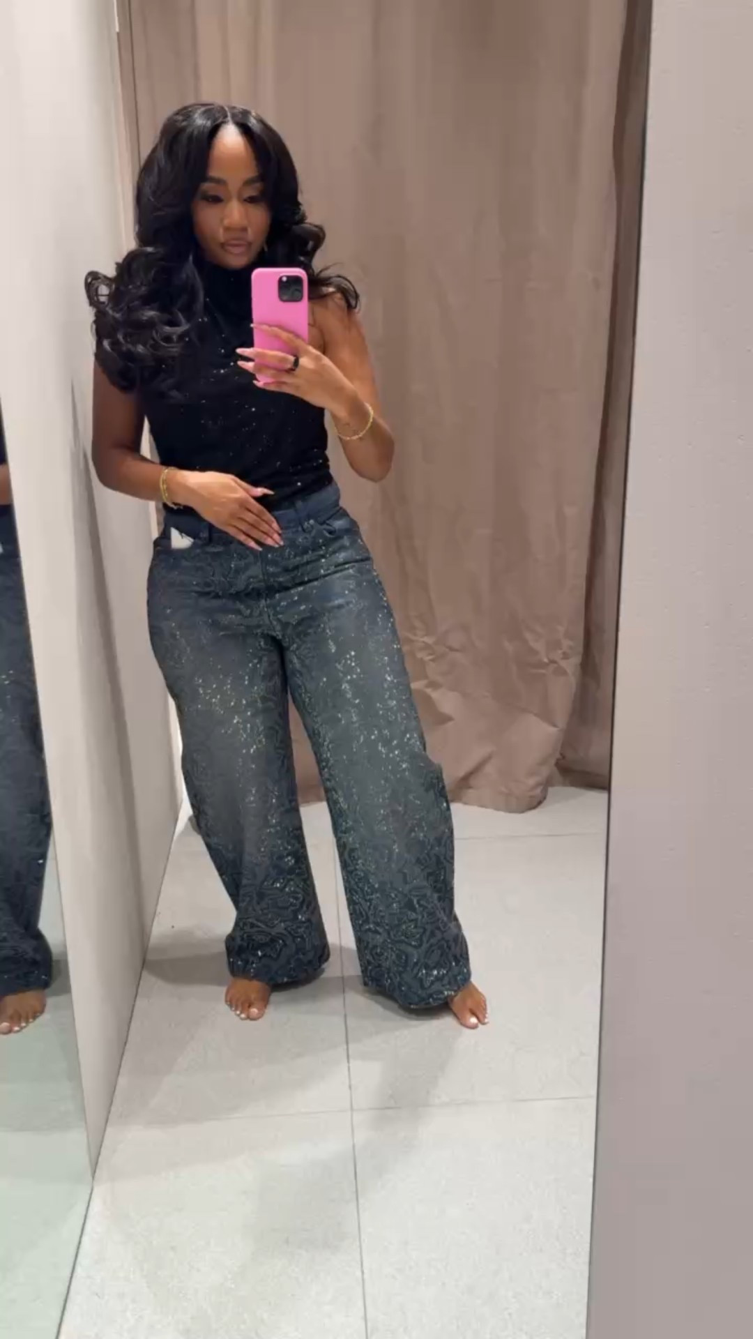 Rhinestone denim and sequin halter top! Paired to give an elevated casual/statement style inspo! 

#LTKFindsUnder100 #LTKootd