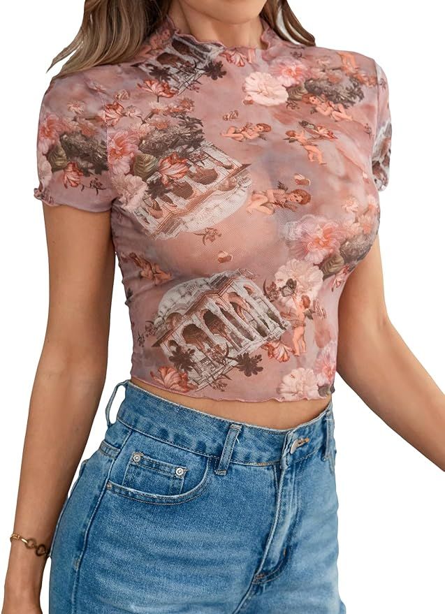 SOLY HUX Women's Figure Graphic Lettuce Trim Crop Top Mesh Sheer Long Sleeve Sexy Tee Shirts Tops | Amazon (US)
