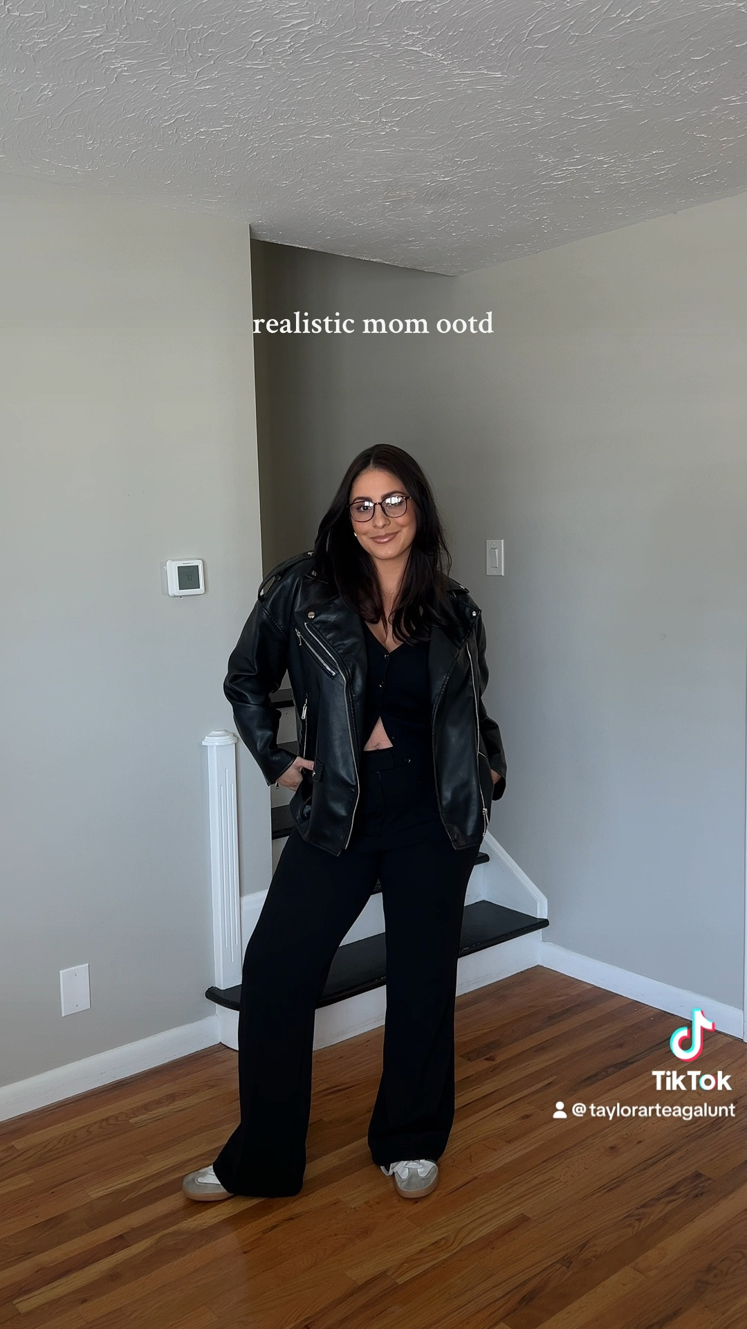 Cardigan- medium 
Pants- large 
Adidas sambas 
Glasses- Amazon
Leather jacket- large 

#LTKSeasonal #LTKstyletip