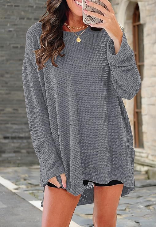 2025 New Womens Waffle Knit Long Sleeve Tunic Tops Crewneck Casual Fall Pullover Sweatshirts Side... | Amazon (US)