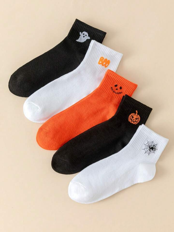 SHEIN X Maryam Alam 5 Pairs Halloween Pumpkin Pattern Mid-calf Socks | SHEIN