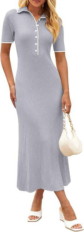 MEROKEETY Women's V Neck Ribbed Knit Maxi Dress Button Short Sleeve Slim Fit Bodycon Sweater Dres... | Amazon (US)