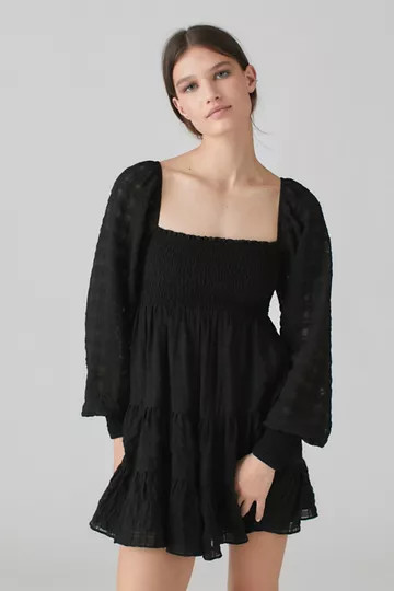 UO River Smocked Long Sleeve Mini Dress | Urban Outfitters (US and RoW)