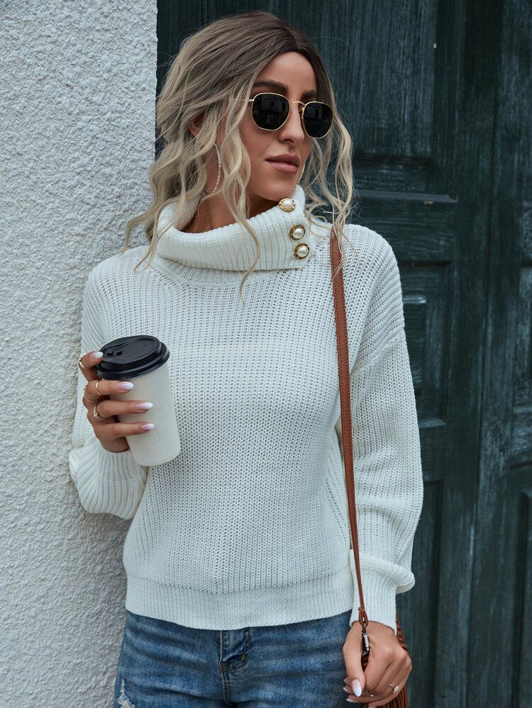 Turtleneck Pearls Button Drop Shoulder Sweater | SHEIN