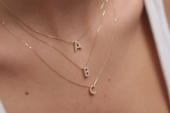 14k 18k Gold Diamond Letter Necklace / Handmade Diamond | Etsy | Etsy (US)