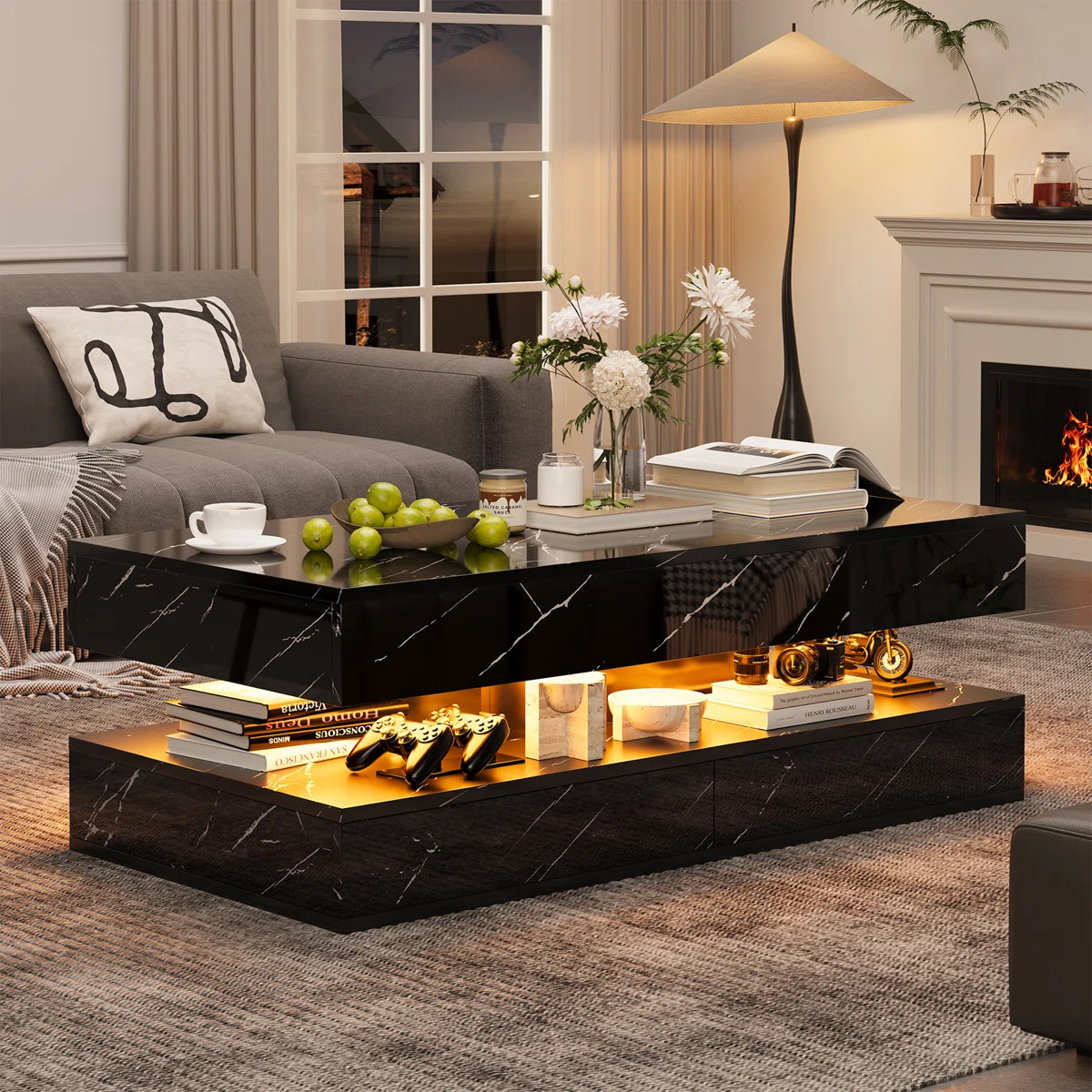 47-Inch Large High-Glossy LED Coffee Table, Modern Coffee Table With 2 Sliding Drawers, Wireless ... | Wayfair North America