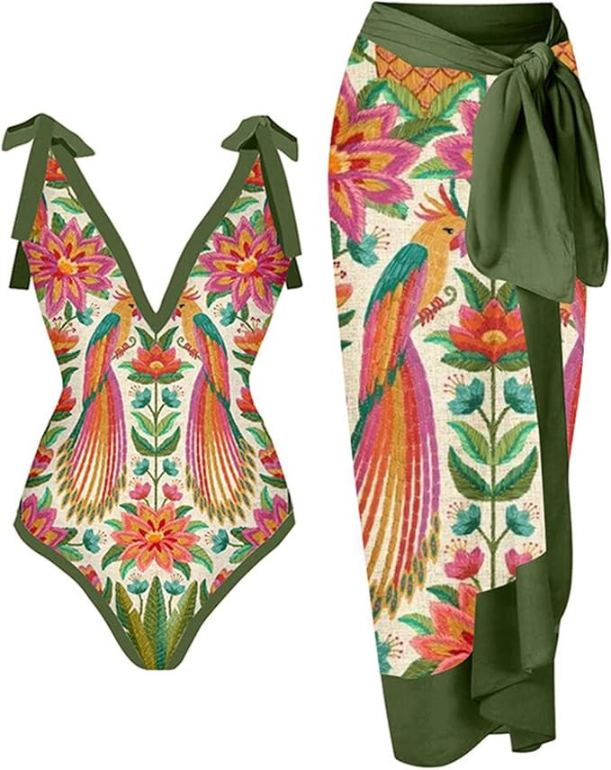 Cbcbtwo One Piece Bathing Suit for Women with Bikini Maxi Wrap Skirts 2 Piece Floral Print Swimsu... | Amazon (US)