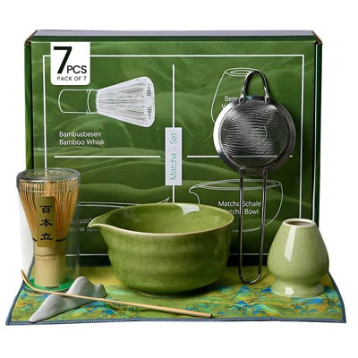 7-Piece Japanese Matcha Tea Set â€“ Bamboo Whisk, Ceramic Bowl, Ceramic Stand, Sifter, Scoop, And Tea Towel | Wayfair North America