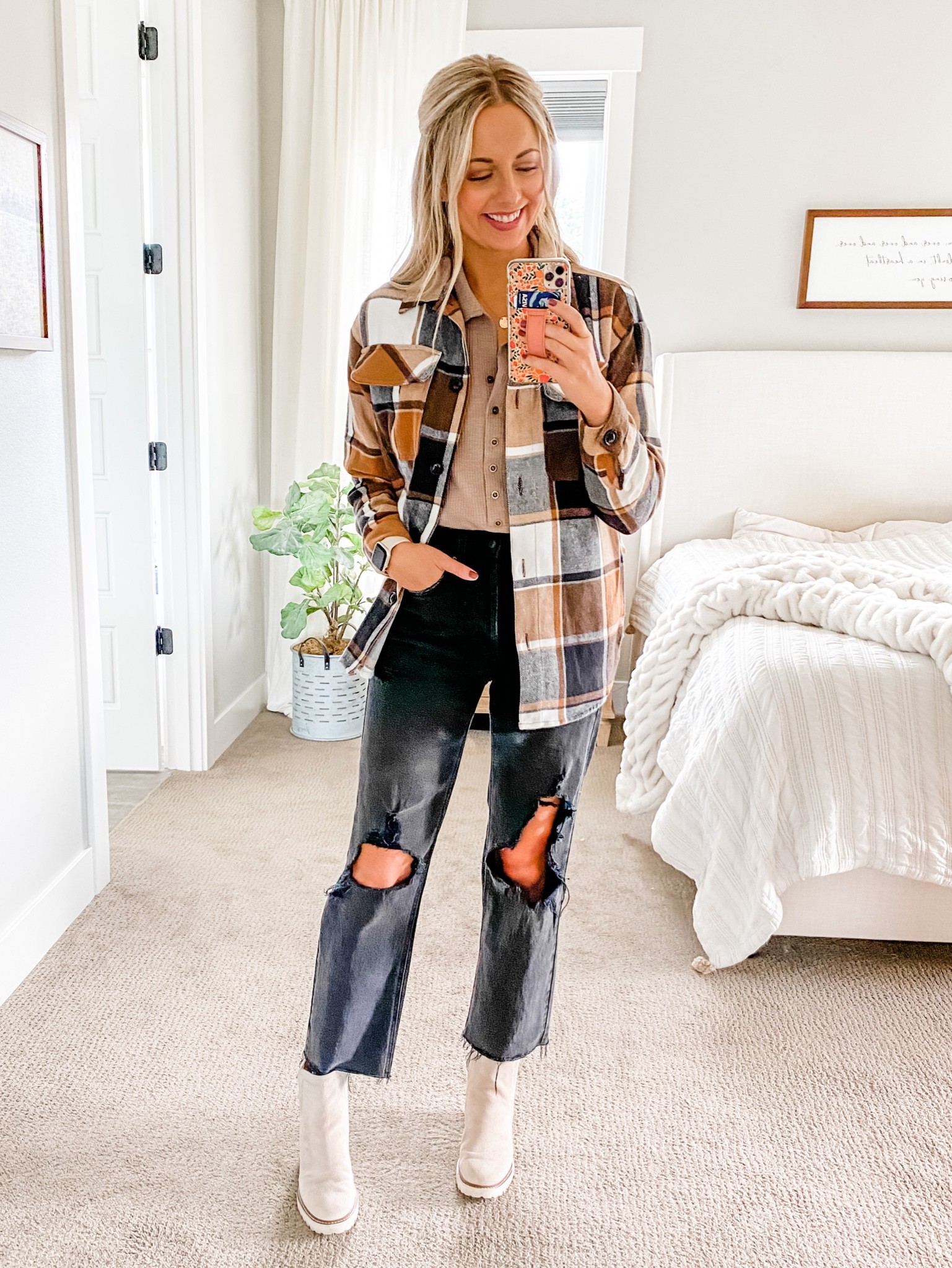 Affordable fall outfit featuring a tan and black shacket from Walmart for under $20! (size up one).

Long sleeve tan ribbed henley from Amazon, black straight leg distressed jeans from Target and tan waterproof Chelsea boots 🖤

#LTKSeasonal #LTKunder50 #LTKstyletip