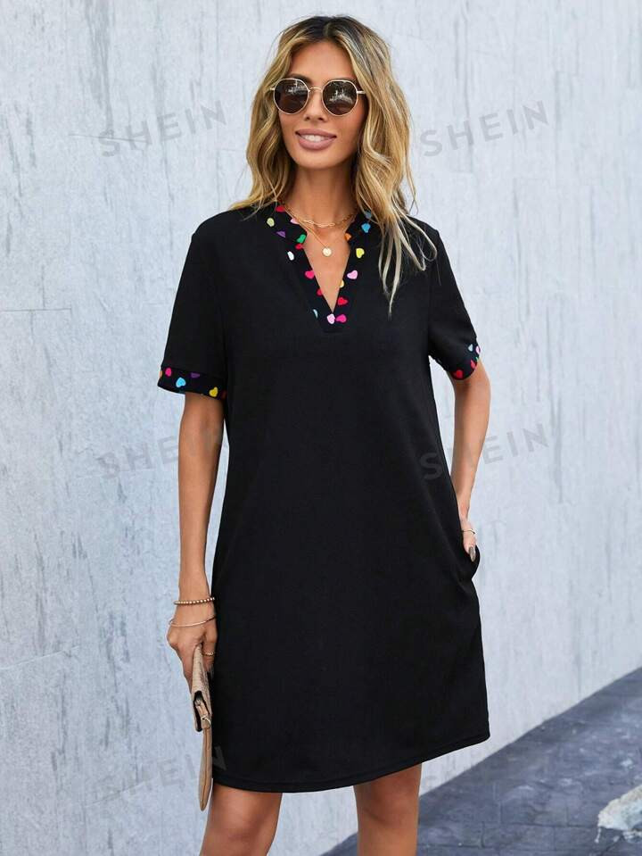 SHEIN LUNE Women's Heart Printed Notched V-Neckline Dress | SHEIN USA | SHEIN