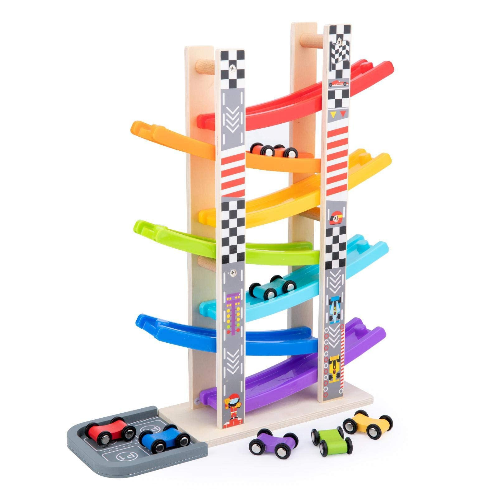Wood City Toddler Toys for 1 2 3 Years Old, Wooden Car Ramp Racer Toy Vehicle Set with 7 Mini Car... | Amazon (US)