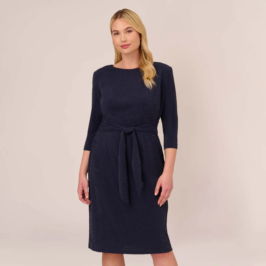 Plus Size Metallic Knit Dress In Light Navy | Adrianna Papell
