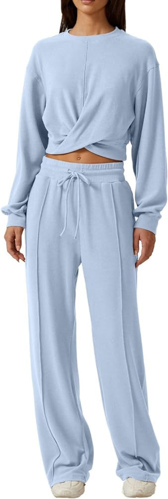 QINSEN Women 2 Piece Outfits Sweatsuit Set Twist Front Cropped Sweatshirt Wide Leg Sweatpant Loun... | Amazon (US)