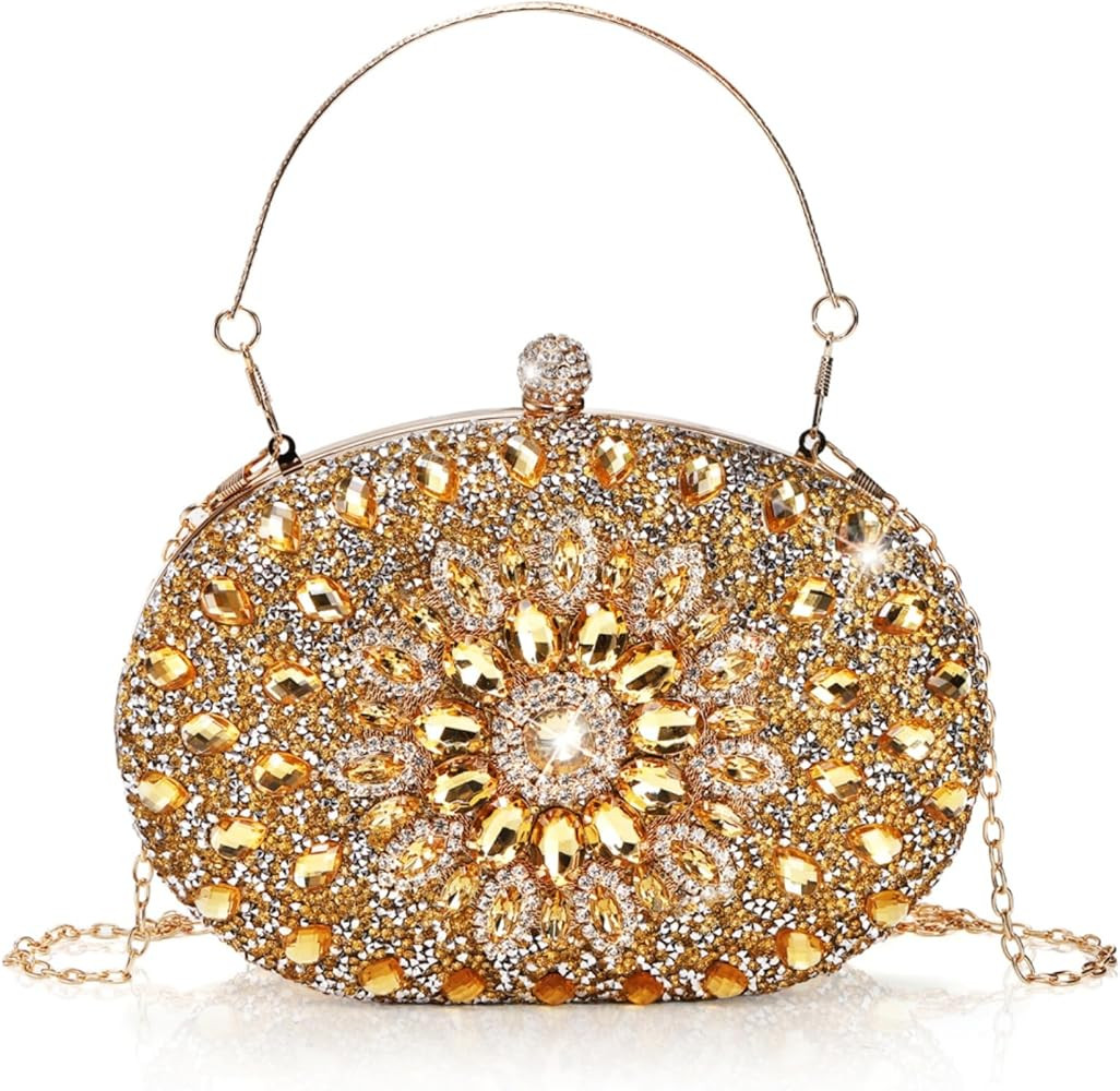 Rhinestone Evening Clutch Purse, Gold Sparkling Glitter Wrist Clutch Bag with Detachable Chain, C... | Amazon (US)