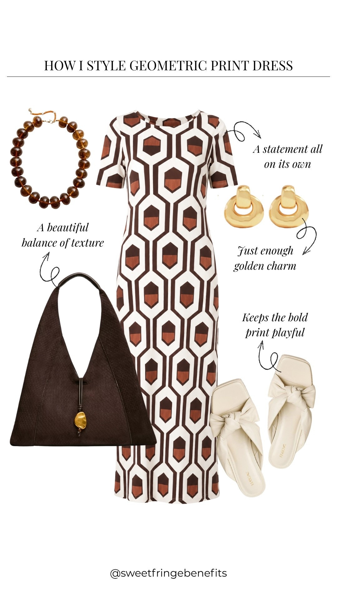 That geometric print is quite a statement, isn't it? I'd keep everything else simple and let the dress have its moment, because it really doesn't need much help!