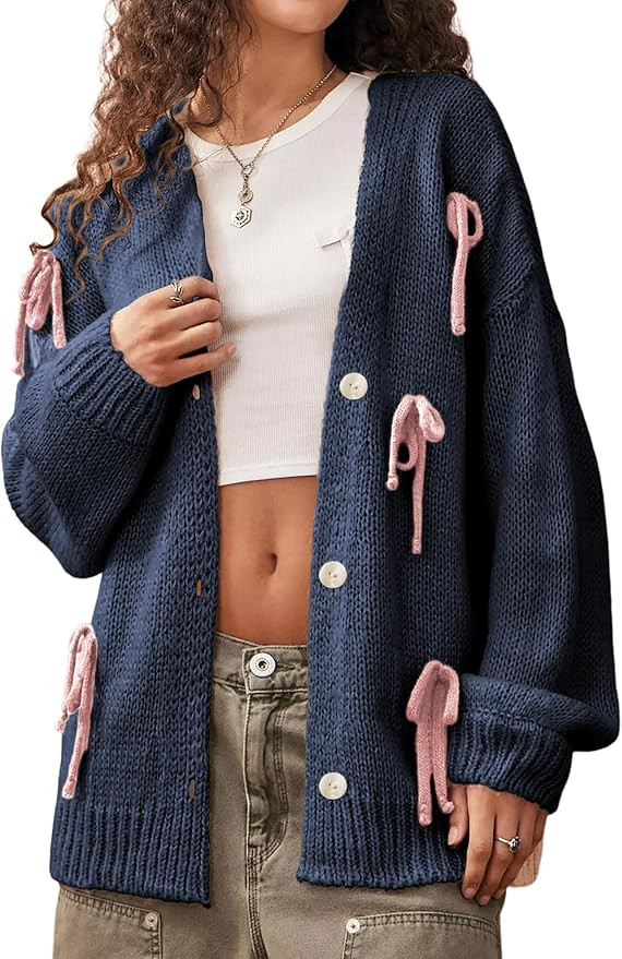 LTSCNRM Womens Knitted Cardigan Long Sleeve Open Front Knitwear Tops Casual V-Neck Button Down Bo... | Amazon (US)