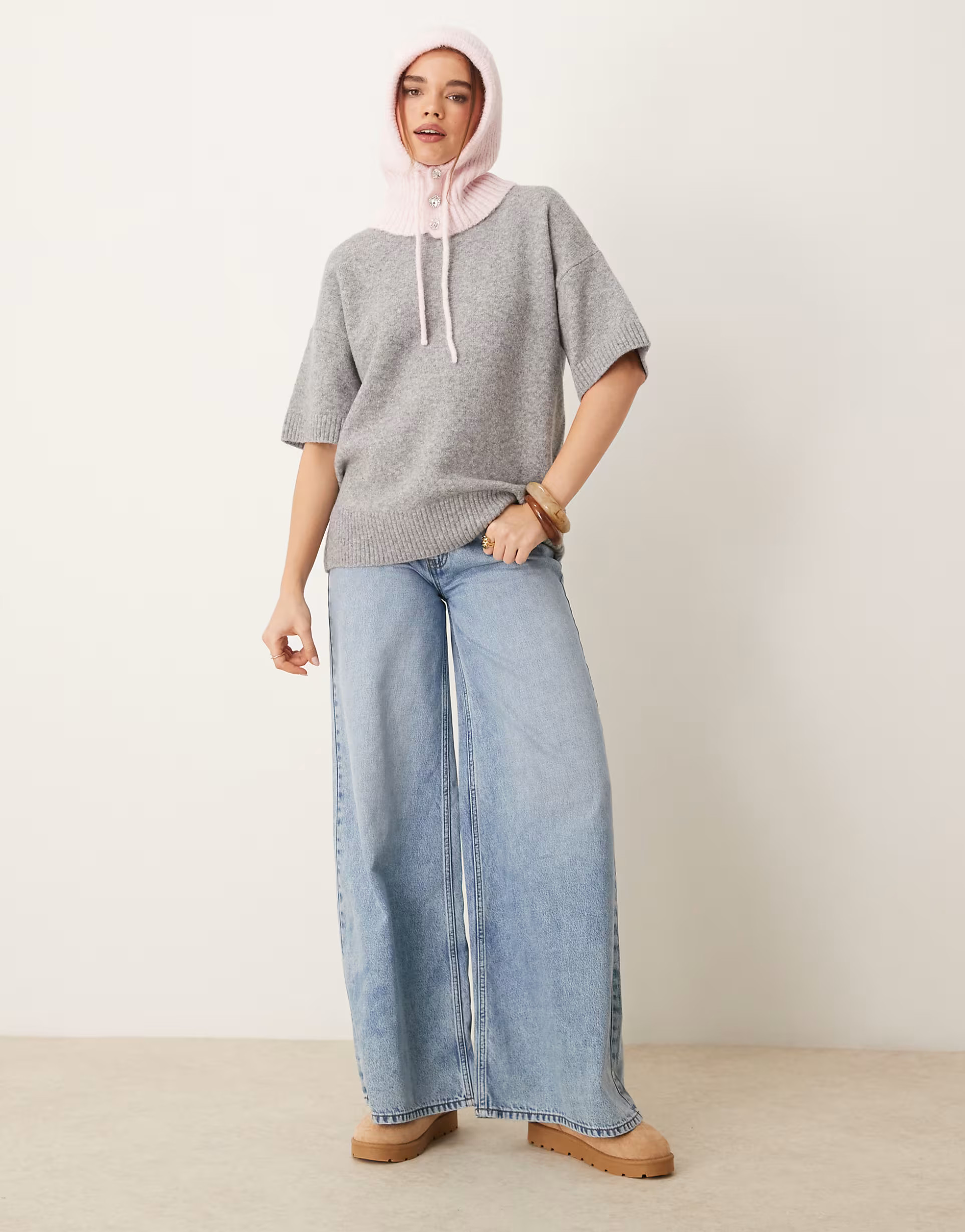 Gina Tricot short sleeve knitted oversized sweater in grey melange | ASOS (Global)