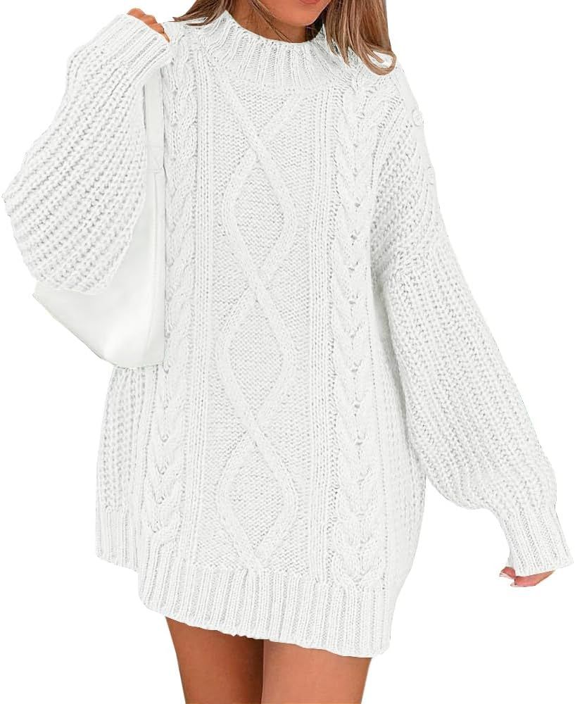 LILLUSORY Women's Crewneck Oversized Sweater Dress 2023 Fall Cable Knit Long Sleeve Chunky Casual... | Amazon (US)