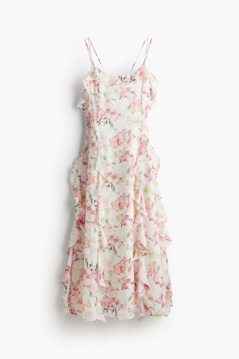 Flounce-trimmed strappy dress - White/Floral - Ladies | H&M GB | H&M (UK, MY, IN, SG, PH, TW, HK)