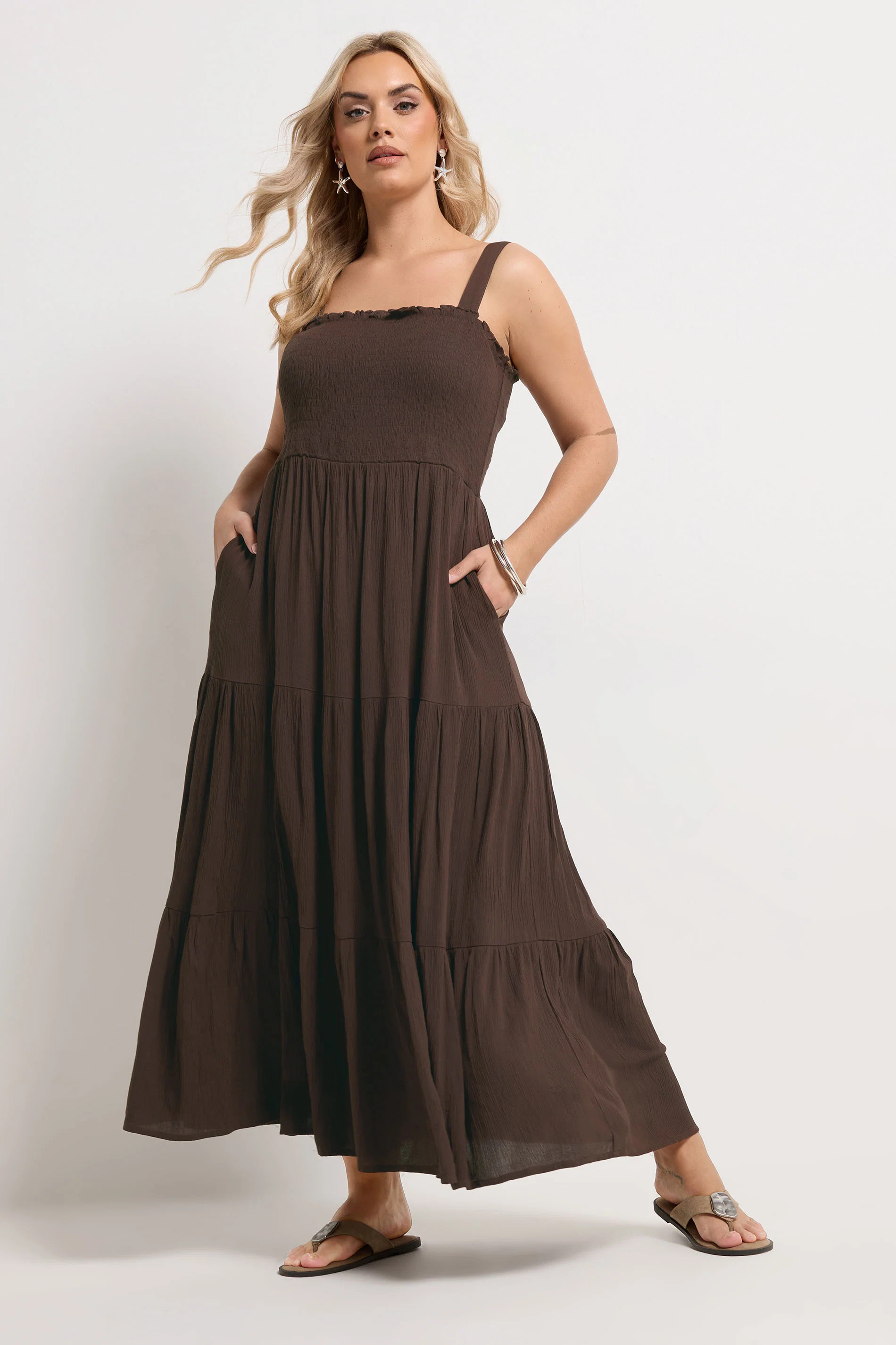YOURS Plus Size Chocolate Brown Shirred Maxi Dress | Yours Clothing UK