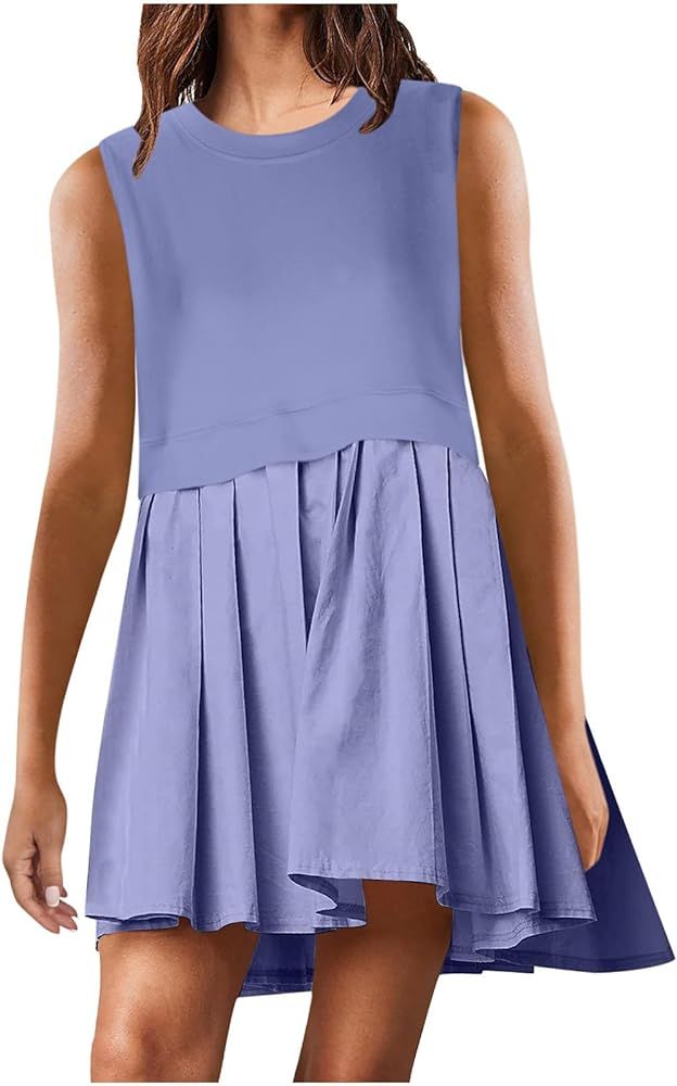 GOHRSHA Sleeveless Dresses for Women Casual Summer Pleated Tank Dress Ruffle Flowy Mini Dress Sol... | Amazon (US)