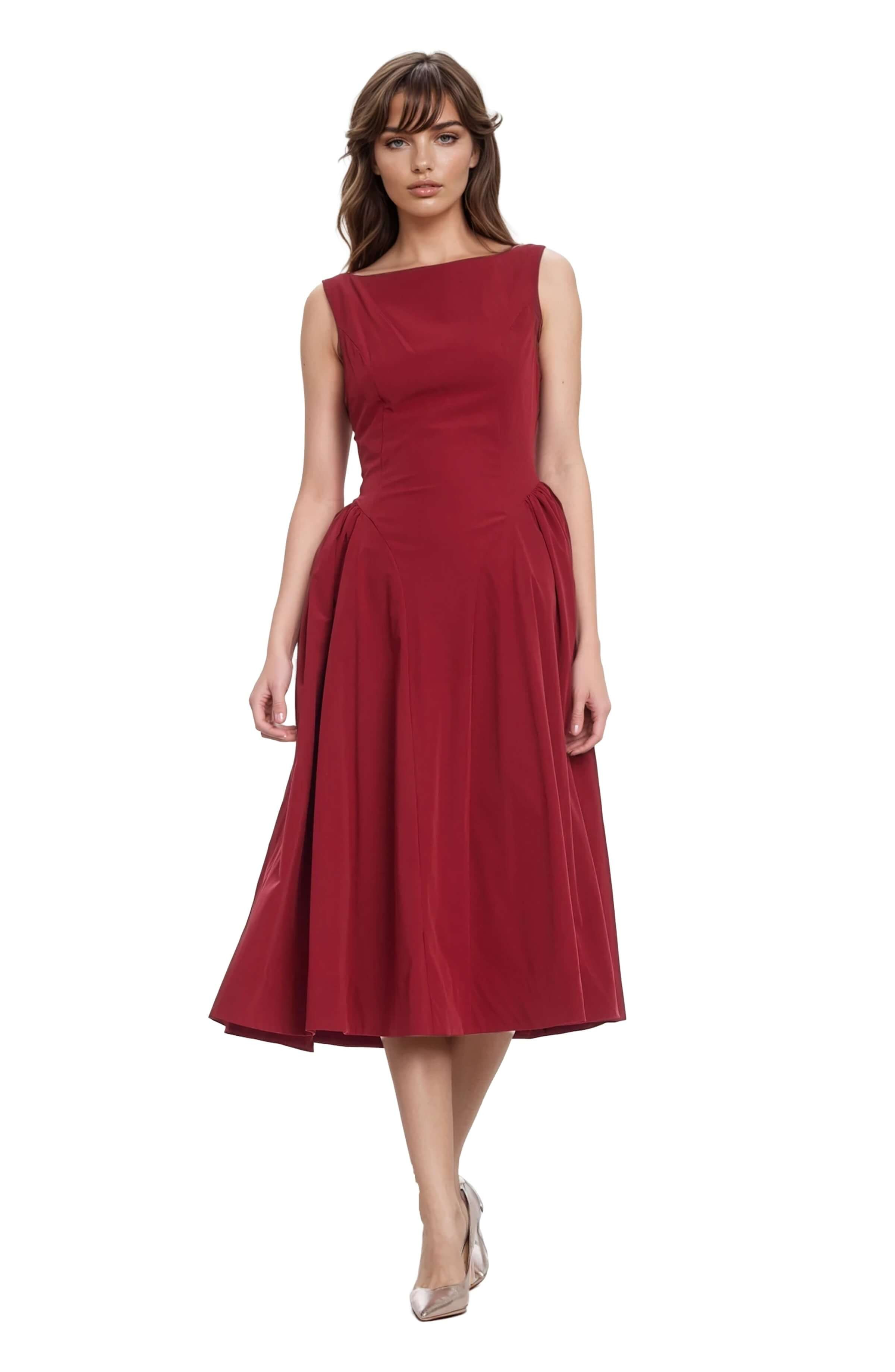 Kirsten Sleeveless Boatneck A-Line Midi Dress | Badgley Mischka