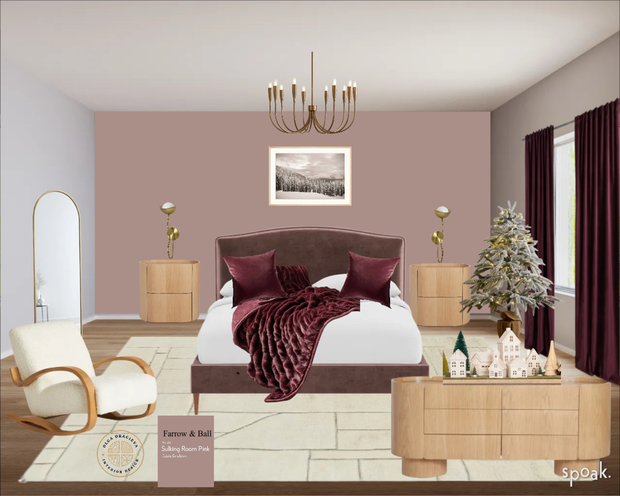 Cosy bedroom design/mood board! I love this paint color—Sulking Room pink by Farrow & Ball. Gorgeous velvet throw and pillows, velvet curtains, winter wall art from Pottery Barn, chandelier from Crate & Barrel, dresser and nightstands from Lulu & Georgia. #bedroomdecor #bedroomfurniture

#LTKHome #LTKHoliday #LTKSeasonal