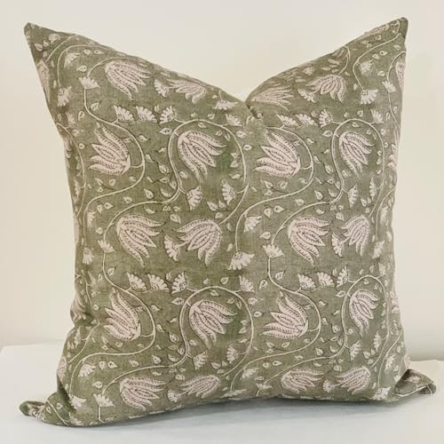 Duzziyyaa Sage Green Floral Pillow Covers 20x20,Farmhouse Vintage Block Print Pillow Cover, Decorative Pillow Covers Couch Pillows for Living Room Accent Sofa Pillows(Sage Green | Amazon (US)
