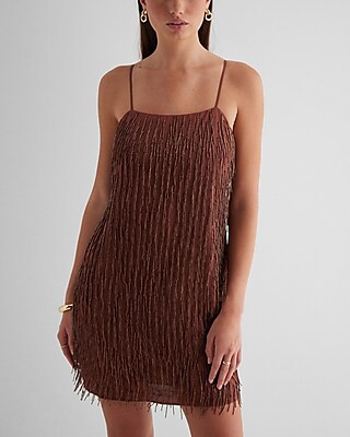 Beaded Fringe Low Back Mini Shift Dress | Express