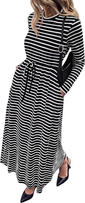 NALANISA Long Sleeve Maxi Dresses for Women Fall Casual Loose Striped Dress | Amazon (US)