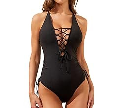 Holipick Women Sexy One Piece Bathing Suit Lace Up Swimsuit Plunge V Neck Swimwear | Amazon (US)