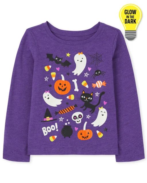 Baby And Toddler Girls Glow In The Dark Halloween Long Sleeve Doodle Graphic Tee | The Children's... | The Children's Place