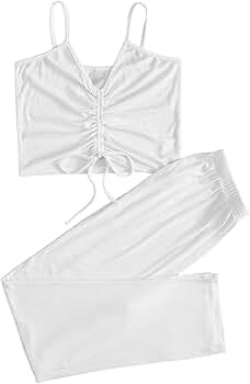 Verdusa Women's 2 Piece Sleepwear Outfit Drawstring Crop Cami Top and Long Pants Set Sleeveless P... | Amazon (US)