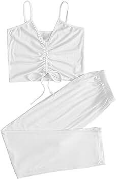 Verdusa Women's 2 Piece Sleepwear Outfit Drawstring Crop Cami Top and Long Pants Set Sleeveless P... | Amazon (US)