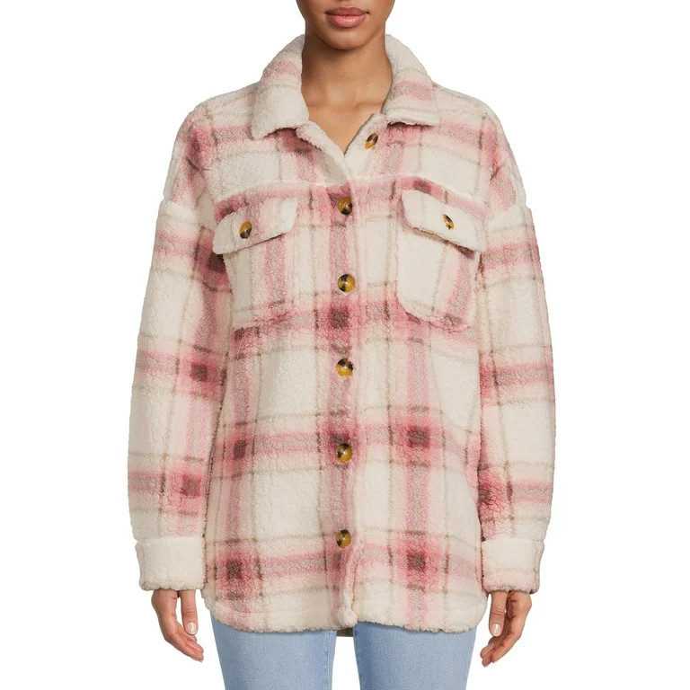 No Boundaries Juniors’ Faux Sherpa Shacket - Walmart.com | Walmart (US)