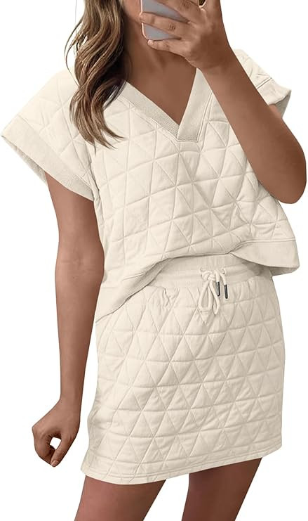 Fisoew Womens Argyle 2 Piece Outfits Skirt Sets Short Sleeve V Neck Tops and Casual Mini Skirts L... | Amazon (US)