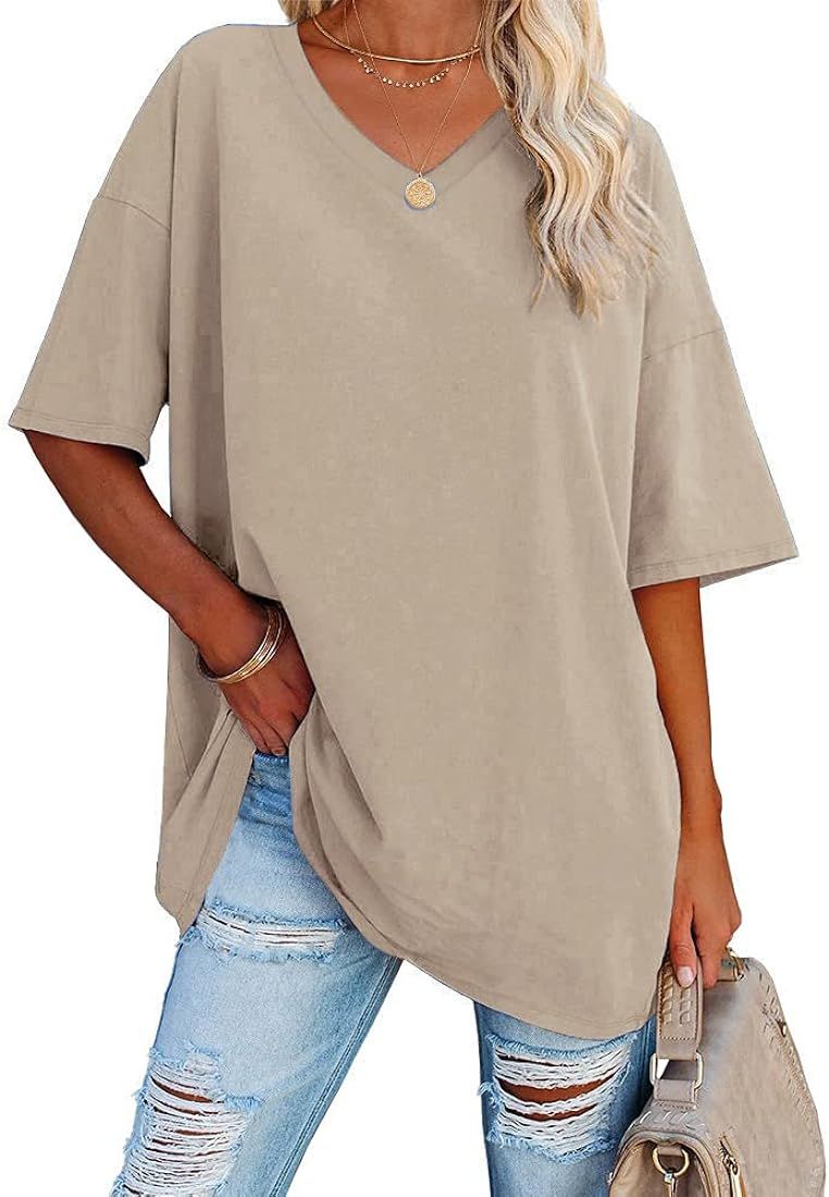 Ebifin Women's Oversized T Shirts Tees Half Sleeve V Neck Comfy Cozy Cotton Tunic Tops | Amazon (US)