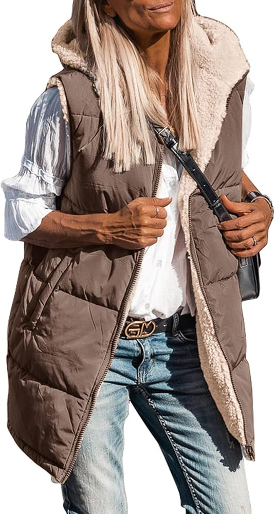 PRETTYGARDEN Womens 2023 Fall Reversible Vests Sleeveless Fleece Jacket Zip Up Hoodie Pockets Lon... | Amazon (US)